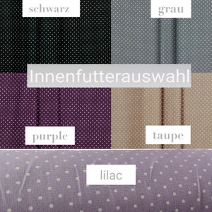May include: A fabric swatch with a polka dot pattern in five different colors: black, gray, purple, taupe, and lilac. The text "Innenfutterauswahl" is displayed above the swatches.