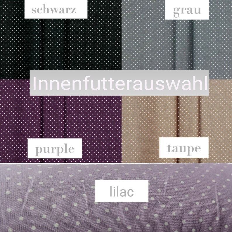 May include: A fabric swatch with a polka dot pattern in five different colors: black, gray, purple, taupe, and lilac. The text "Innenfutterauswahl" is displayed above the swatches.