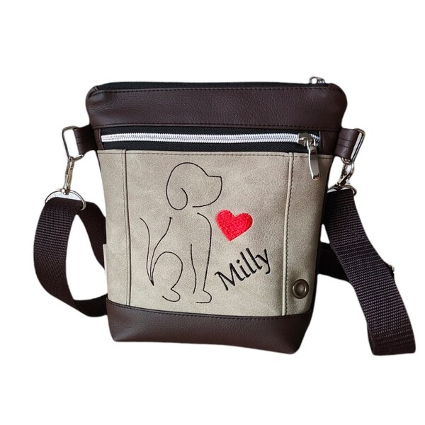 Personalisierte Gassitasche/ Schultertasche zum umhängen mit dem Namen eures Lieblings,mit "Hund und Herz" bestickt, div Außenfarbvariation