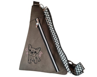 Slingbag/Crossbodybag als Gassitasche, bestickt mit franz. Bulldogge aus braunem Kunstleder mit Reißverschluß, Bauchtasche, Crossbody