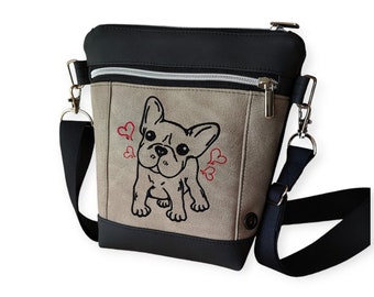 Gassitasche / Schultertasche mit Hund "Französische Bulldogge" bestickt, Frenchi, Bulldogge aus robustem Kunstleder, komplett abwischbar