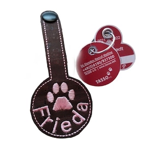 Dog tag bag, anti-rattle pendant personalizable made of dark brown cork, washable cover for dog tags with name anti-rattle bag