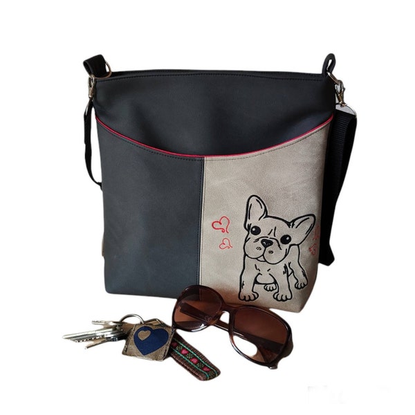 Schultertasche / Handtasche bestickt mit Hund Franz. Bulldogge aus robustem Kunstleder in schwarz/beige Handtasche mittelgroß