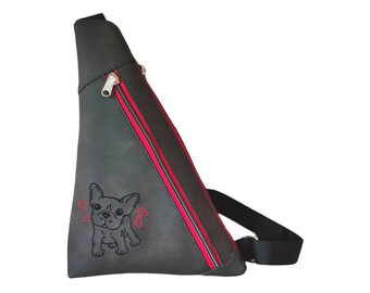 Slingbag/Crossbodybag als Gassitasche aus braunem Kunstleder mit Franz. Bulldogge mit zwei Reißverschlüssen, Bauchtasche für den Gassigang.