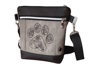 Dog walking bag / shoulder bag with scribble paw to hang over the shoulder, bag embroidered with paw, various outer color variations possible