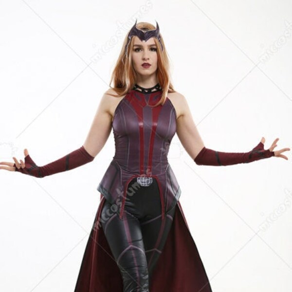 Super Heroine Wanda Maximoff Scarlet Witch Abrigo sin mangas Traje de cosplay Inspirado en WandaVision con falda exterior y guantes largos