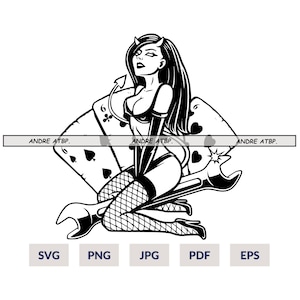 Devil Girl with Cards Svg, Devil Girl Svg, Evil Girl Svg, Halloween SVG, Devil SVG, Shirt for Girl svg, Demon Devil Girl Svg PNG, Cards Svg