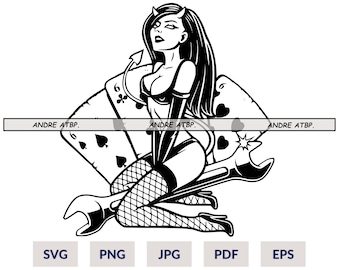 Devil Girl with Cards Svg, Devil Girl Svg, Evil Girl Svg, Halloween SVG, Devil SVG, Shirt for Girl svg, Demon Devil Girl Svg PNG, Cards Svg