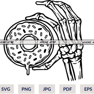 May include: A black and white illustration of a skeletal hand holding a donut with sprinkles. The donut is dripping with icing.