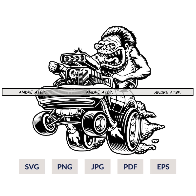 May include: Black and white illustration of a cartoon monster driving a hot rod with flames coming out of the exhaust. The monster has a wide grin and bulging eyes. The car has a large engine and a single exhaust pipe.