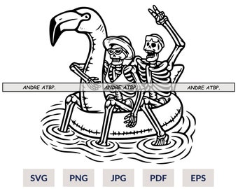 Skeleton Couple on Inflatable Flamingo SVG | Beach SVG | Tropical SVG | Summer Surf Sun Sand Sea | Cutting Files Printable Clip Art Eps Png