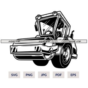 May include: Black and white illustration of a road roller, a heavy construction vehicle used to compact asphalt or gravel. The roller has a large drum in the front and a smaller drum in the back. The roller is shown from a low angle, with the front drum in the foreground. The illustration is in a vintage style, with a focus on detail and realism.