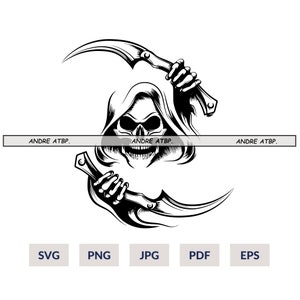 Skull with Scythes Svg, Grim Reaper Svg, Skeleton Svg, Death Svg, Horror T-Shirt, Halloween Svg, Grim Reaper Decal, Cricut & Silhouette