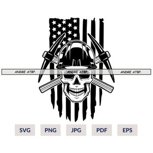 May include: Black and white illustration of a skull wearing a hard hat and crossed pickaxes, with an American flag in the background. The text "ANDRE ATBP." appears three times.