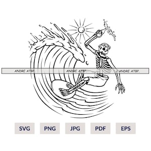 Surfing Skeleton SVG, Surf T-Shirt Logo Graphics, Cut Files, Surfer Skeleton Svg, Surfer Svg, Surfing Svg, Surfer Clipart Png, Skeleton Svg