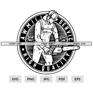 May include: Black and white illustration of a person using a chainsaw with the text "AWMILI SERVICE HIGH QUALITY" around the outside of the circle.