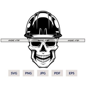 May include: Black and white illustration of a skull wearing a hard hat. The text "ANDRE ATBP." appears above and below the skull.