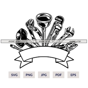 Peut inclure: Illustration en noir et blanc de divers outils de plomberie, dont une clé à molette, une clé à pipe, un piston et une pince. Les outils sont disposés en cercle autour d'une bannière vide.