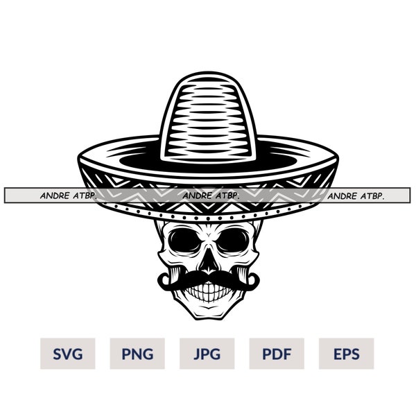 Sombrero Skull SVG | Mexican Skull Svg | Mexican Skeleton SVG | Gothic T-Shirt Decal Vinyl | Cricut Cutting File Printable Clipart