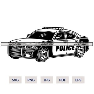May include: Black and white illustration of a police car with the word "POLICE" printed on the side.