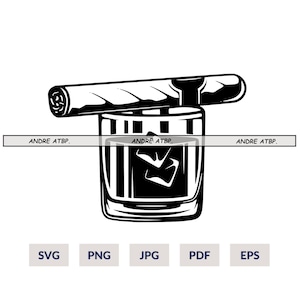 Whiskey With Cigar, SVG, Whiskey Glass With Ice Svg, Cigars Svg, Whiskey Svg, Cricut Friendly, Eps, Pdf, Png, Jpg, Digital Download