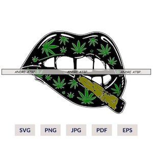 Könnte beinhalten: Schwarze Lippen mit grünen Marihuana-Blättern und einem Joint, der aus dem Mund ragt.