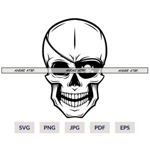 Könnte beinhalten: Eine Schwarzweißillustration eines Schädels mit Augenklappe. Der Schädel lächelt mit sichtbaren Zähnen. Die Augenklappe hat ein Totenkopf- und Knochenkreuz-Design.