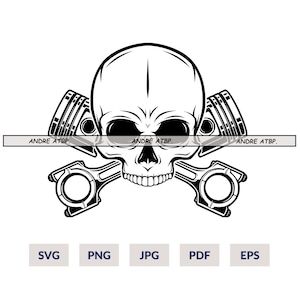 May include: Black and white illustration of a skull with two crossed pistons. The skull has a detailed design with a prominent jawline and teeth. The pistons are connected to the skull's jawline and have a detailed design with rings and connecting rods. The text "ANDRE ATBP." appears three times at the bottom of the image.