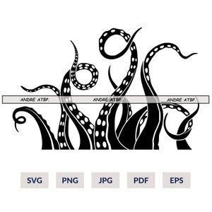 May include: Black and white silhouette of an octopus with tentacles reaching up. The tentacles have white spots.
