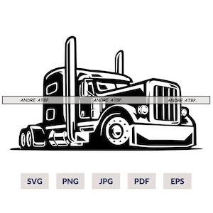 May include: Black and white illustration of a semi-truck with large exhaust pipes. The truck is facing the viewer and has a detailed front grill.