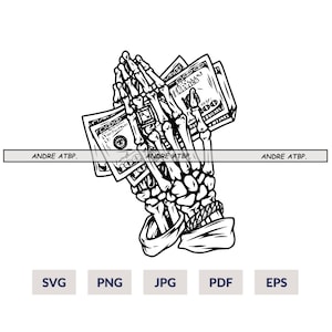 May include: A black and white illustration of a skeleton's hands holding a stack of US dollar bills in a praying position. The bills are folded and have the text "ONE HUNDRED DOLLARS" printed on them. The text "ANDRE ATBP." appears three times at the top of the image.