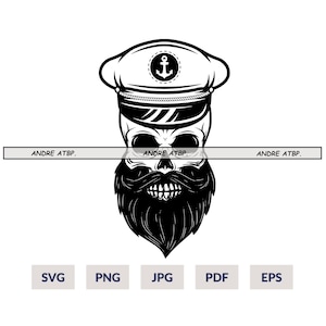 Bärtiger Sailor Schädel SVG | Kapitän SVG | US Bootskapitän SVG | Seekapitän Skeleton SVG | Bootsbesatzung png | Cricut entwirft Schlepperkapitän |