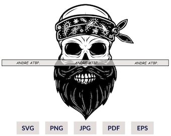 Bandana Skull svg, Man skull svg, Bearded Skull svg, Skull clipart, Skull sublimation designs, tumbler decal svg, Silhouette Cameo