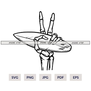 Main squelette tenant la planche de surf svg, svg signe de la paix, planche de surf svg, svg surfeur, chemise de surfeur, clipart surfeur, couper des fichiers, eps, jpg, svg, png
