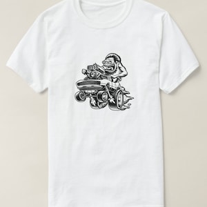May include: A black and white illustration of a cartoon monster driving a muscle car. The monster is grinning and has a wild hairstyle. The car is a classic American muscle car with a large engine and wide tires.