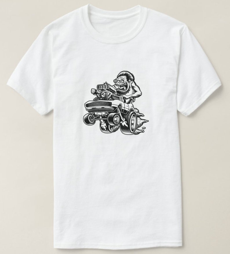 May include: A black and white illustration of a cartoon monster driving a muscle car. The monster is grinning and has a wild hairstyle. The car is a classic American muscle car with a large engine and wide tires.