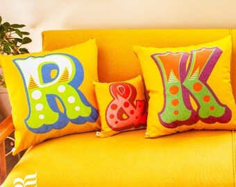 cushion letters numbers quirky funky mustard yellow bright kids children fun carnival circus birthday screen print eccentric colourful