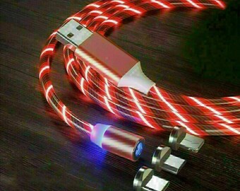 3 in 1 LED Glowing Flowing Magnetic Phone Charger for Type C IOS Micro USB Cable Ships from Usa-Red