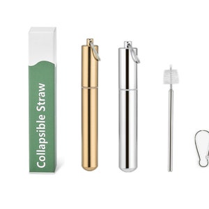 May include: A set of two collapsible metal straws with cleaning brushes and a carrying case. The straws are gold and silver and come with a carabiner clip for easy carrying. The box is labeled "Collapsible Straw".
