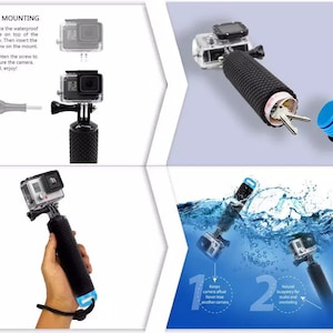 May include: A black and blue waterproof camera grip with a wrist strap. The grip is shown with a camera in a waterproof case, and also floating in water. The text reads "SIMPLE MOUNTING" and "Keeps camera afloat. Never lose another camera."