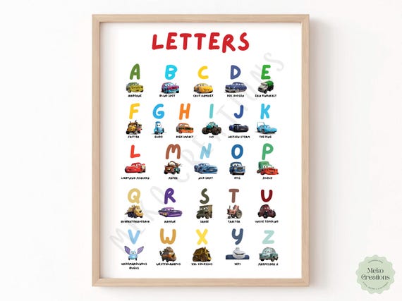 Disney Cars Alphabet Poster, Lightning McQueen Kids Room Decor, Letters Poster, Kids Decor, Cars, Printable Educational, Digital Download