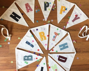 Banderines de tela de feliz cumpleaños, guirnalda de feliz aniversario, banderines de tela para cumpleaños, guirnaldas de tela para cumpleaños, banderines personalizados.