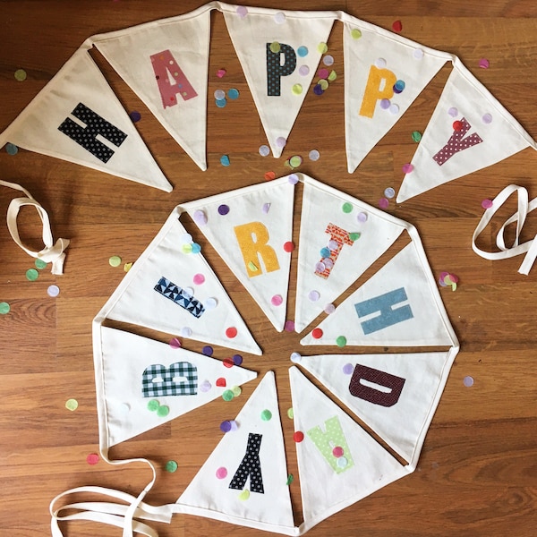 Fabric Happy Birthday Bunting,Joyeux Anniversarie Guirlande, Birthday Fabric Flag Banner, Fabric Birthday Garland, Custom Banner,