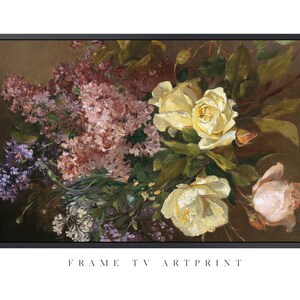 May include: A painting of a bouquet of white roses and purple lilacs. The flowers are arranged in a vase and are set against a dark brown background.