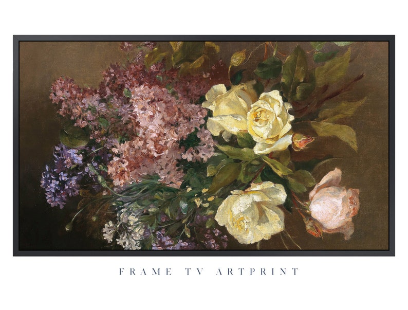 May include: A painting of a bouquet of white roses and purple lilacs. The flowers are arranged in a vase and are set against a dark brown background.