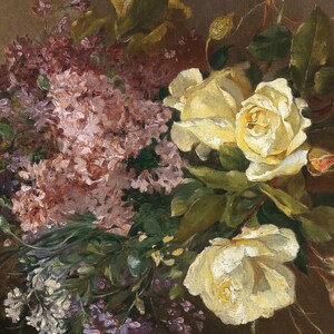 May include: A still life painting featuring a bouquet of white roses and lilac flowers. The roses are in full bloom and have a soft, creamy white color. The lilac flowers are a pale purple and are arranged in a cluster. The painting is done in a realistic style and captures the beauty of the flowers.