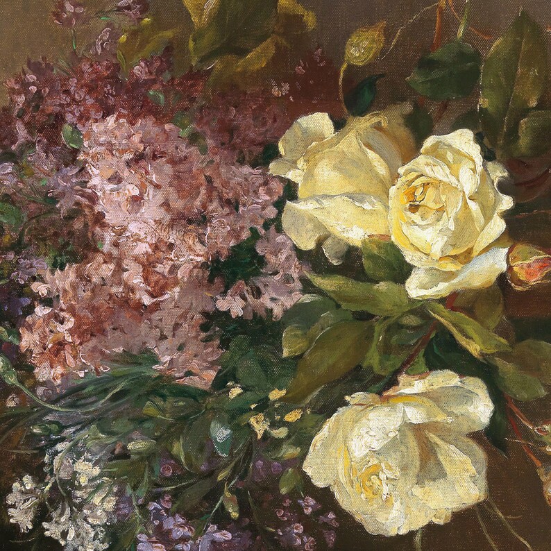 May include: A still life painting featuring a bouquet of white roses and lilac flowers. The roses are in full bloom and have a soft, creamy white color. The lilac flowers are a pale purple and are arranged in a cluster. The painting is done in a realistic style and captures the beauty of the flowers.