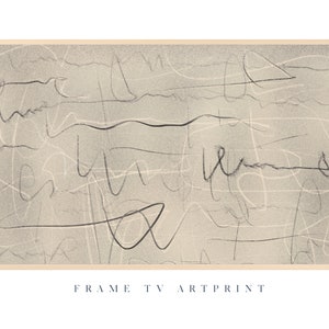 Puede incluir: Impresión de arte abstracto con fondo beige y líneas negras. La impresión tiene una textura granulada y está enmarcada en un marco marrón claro. El texto "FRAME TV ARTPRINT" está impreso debajo de la imagen.