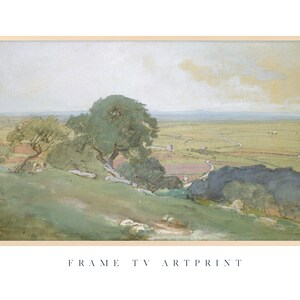 May include: A watercolor painting of a landscape with a winding road leading to a distant horizon. The painting features a green hillside with trees and a blue sky with clouds. The painting is framed in a light brown frame.