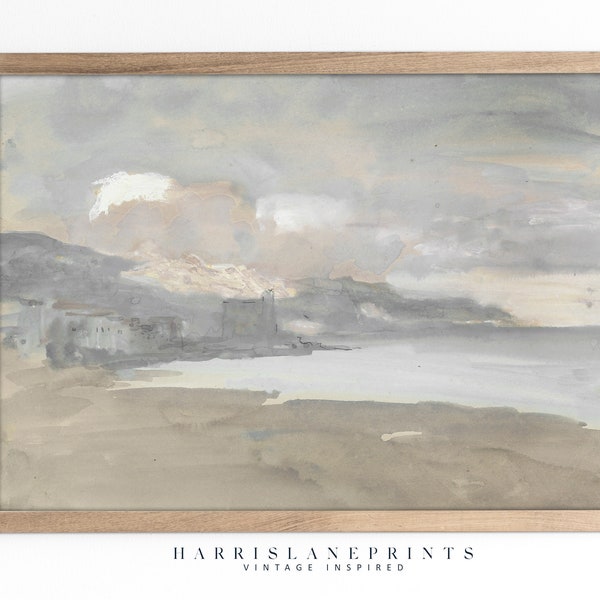 Vintage Inspired Art Print | "Neutral Beige Coastal View" |  Oil Painting | Modern Traditional | Printable | Farmhouse |